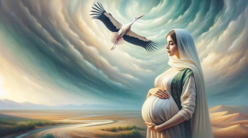 беременная женщина, над ней летит аист